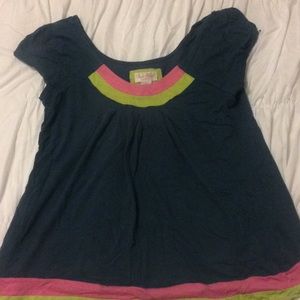 Navy blue dressy top with pink and green